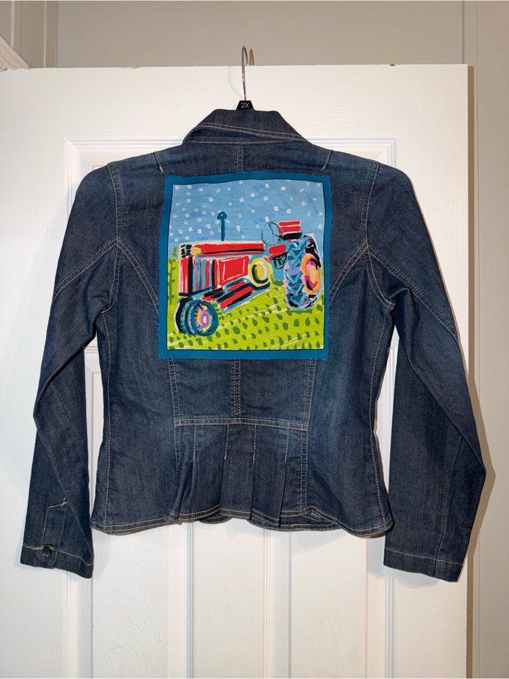 VTG Bandolino Blu Denim Blazer Jacket Tractor Art Patch Y2K S